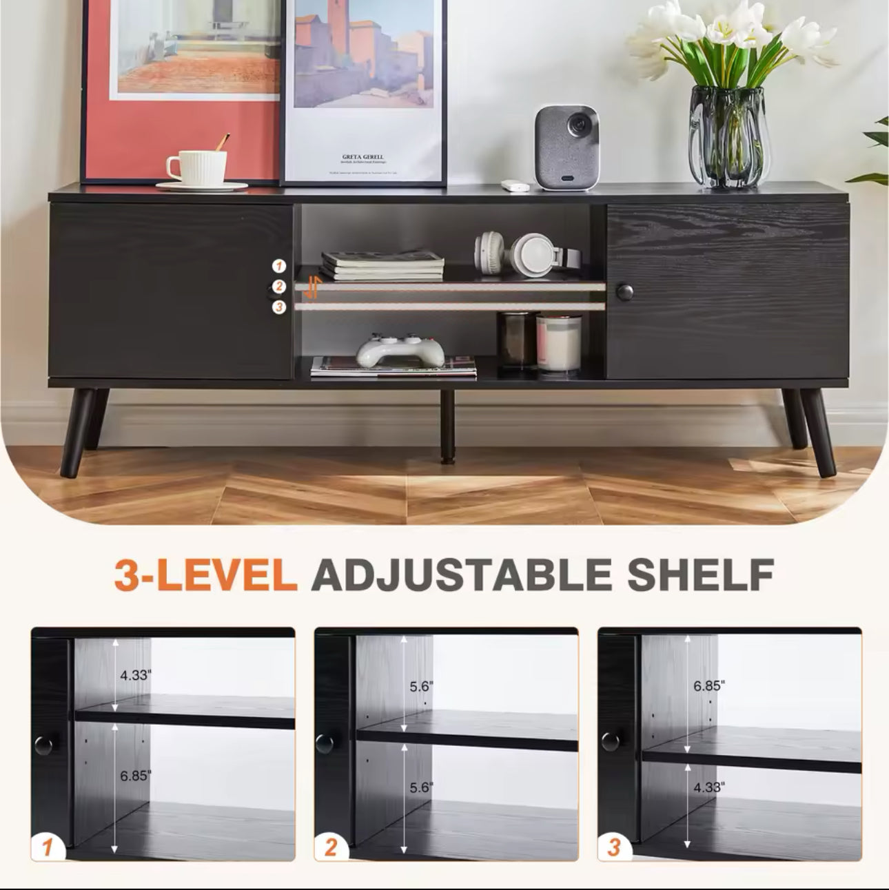 Wooden TV Stand With 3 Level Adjustable Shelf